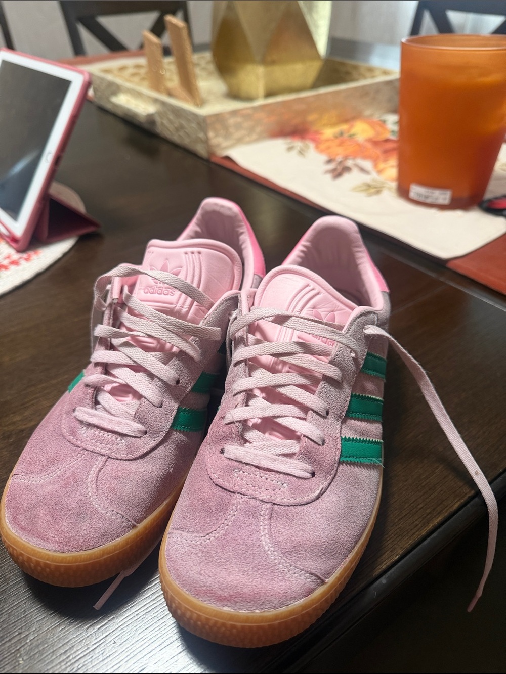 Big Girl adidas Pink Suede Sneakers with Green Stripes and Gum Sole